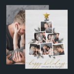 Happy Holidays | Christmas Tree Photo Collage Holi Holiday Card<br><div class="desc">Celebrate the season with this modern photo card! A festive holiday card design that features six of your favorite photos arranged in a Christmas tree shape accented by hand-drawn pine branches, pine cones, faux gold glitter, and a gold star on a white farmhouse wood background. Below, "happy holidays" appears in...</div>