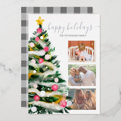 Happy holidays Christmas tree watercolor 3 photos Foil Holiday Card