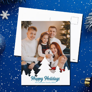 Happy Holidays Christmas Trees Family Photo Blue Holiday Postcard