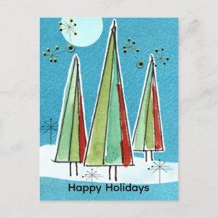 Happy Holidays Christmas Trees Full Moon Snow Holiday Postcard