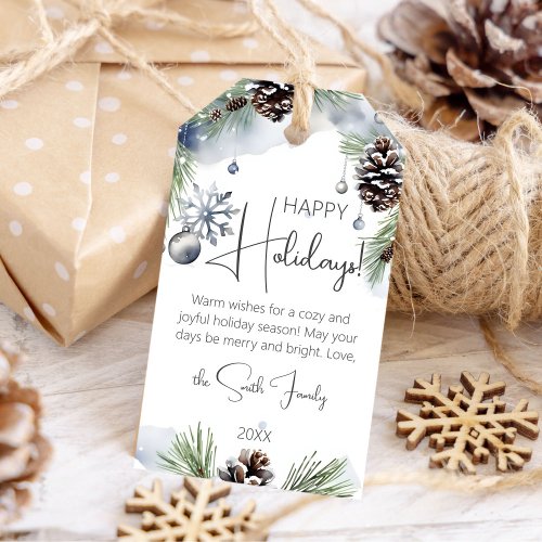 Happy holidays Christmas watercolor snowy pines Gift Tags