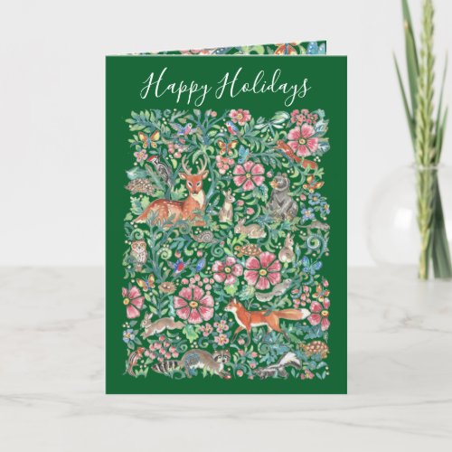 Happy Holidays Christmas Woodland Animals Green Holiday Card