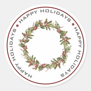 HAPPY HOLIDAYS, CHRISTMAS WREATH  CLASSIC ROUND STICKER