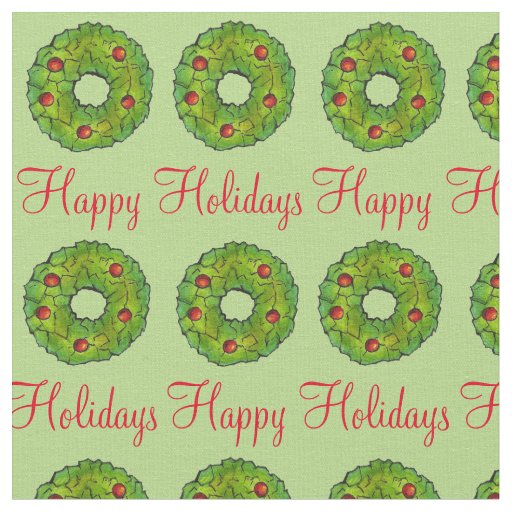 Happy Holidays Christmas Xmas Green Wreath Cookie Fabric