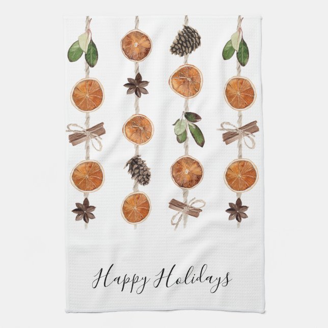 Happy Holidays Citrus Garland Kitchen Kitchen Towel (Vertical)