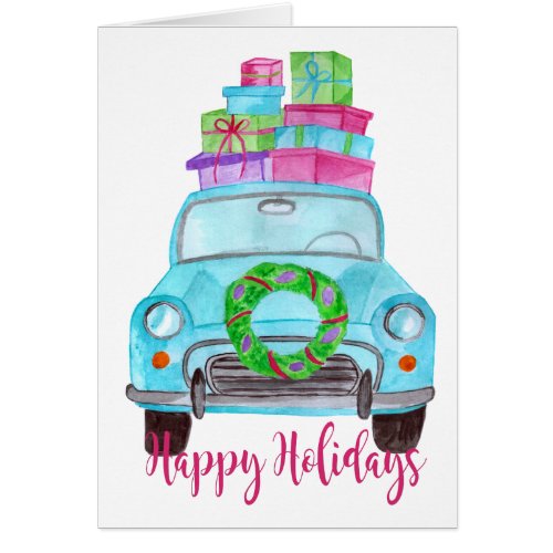 Happy Holidays Classic Car Watercolor