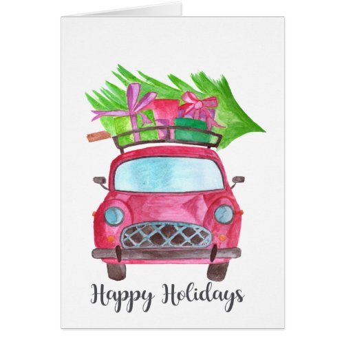 Happy Holidays Classic Car Watercolor