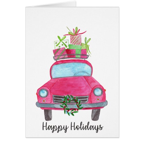 Happy Holidays Classic Car Watercolor