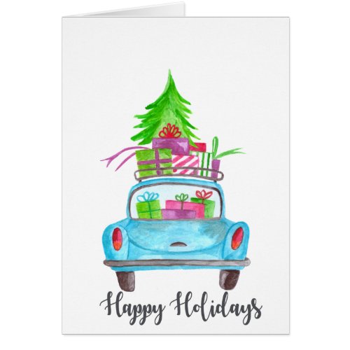 Happy Holidays Classic Car Watercolor