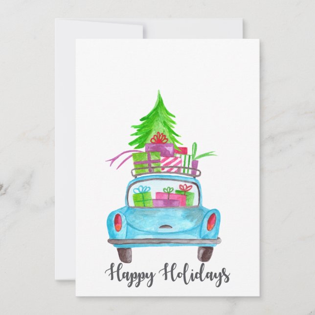 Happy Holidays  Classic Car Watercolor Invitation (Front)