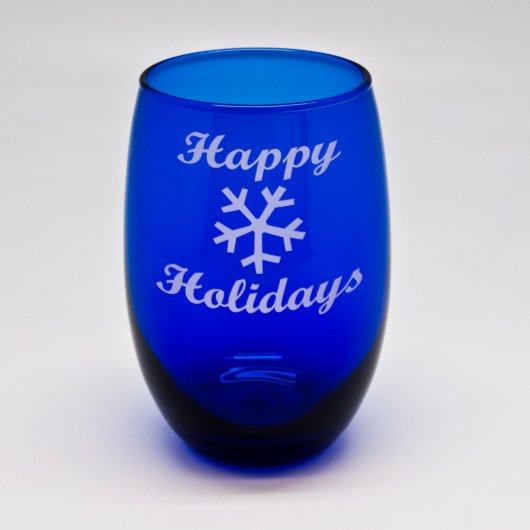 Happy Holidays Cobalt Blue Stemless Wine Glass (Front)