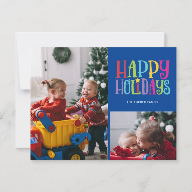 Happy Holidays Colorful Family Kids 2 Photo Holiday Card (Front)