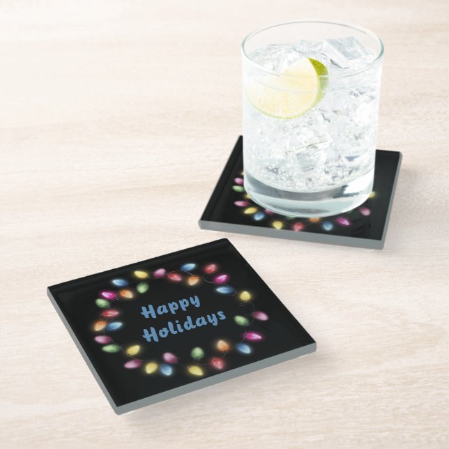 Happy Holidays Colorful & Festive Christmas Lights Glass Coaster (Angled)