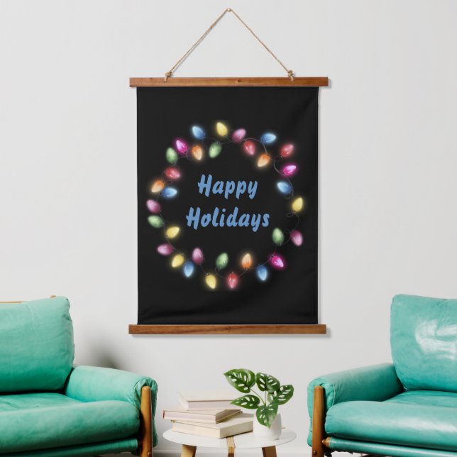 Happy Holidays Colorful & Festive Christmas Lights Hanging Tapestry (Living Room)