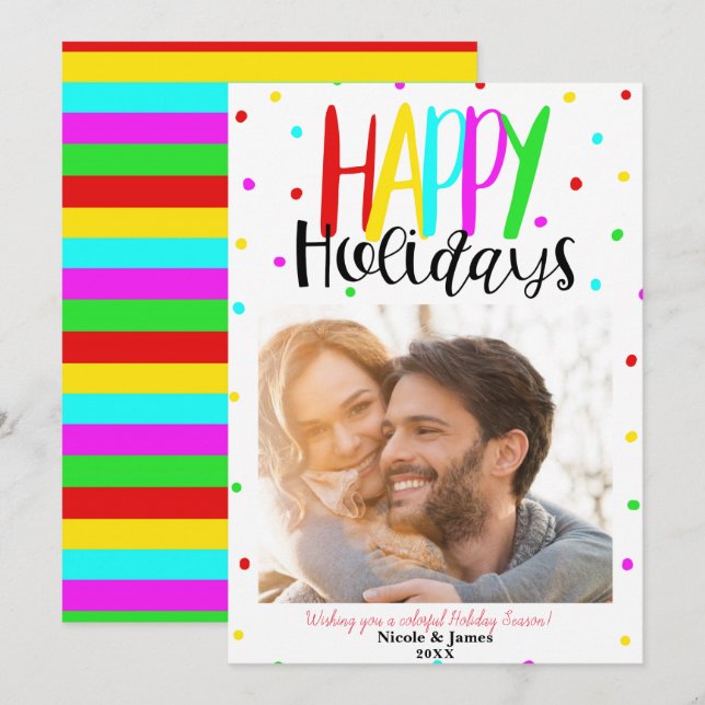 Happy Holidays Colorful Holiday Dots Photo Invitation (Front/Back)