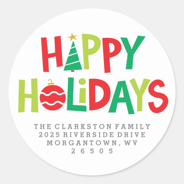 Happy holidays colorful illustrated address classic round sticker (Front)
