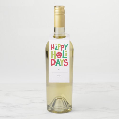 Happy holidays colorful illustrated bottle hanger tag