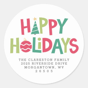 Happy holidays colorful illustrated return address classic round sticker