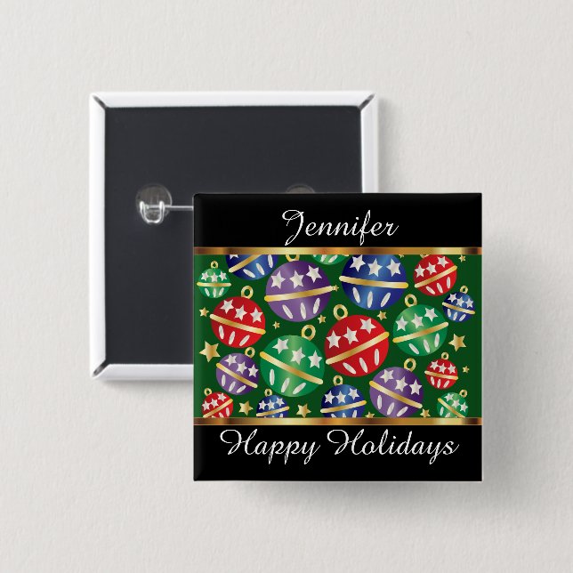 Happy Holidays Colorful Ornaments Personalize Button (Front & Back)
