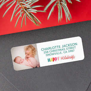 Happy Holidays colorful photo return address Label