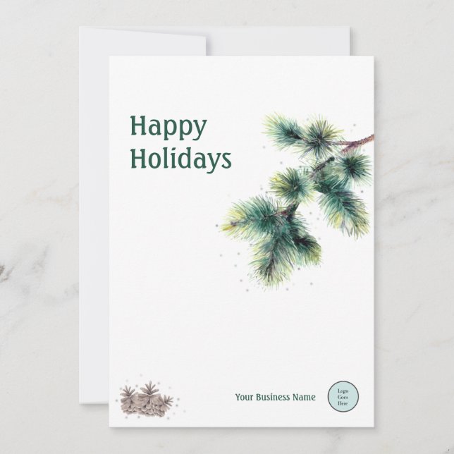 Happy Holidays Conifer Your Business Name Logo Holiday Card (Front)