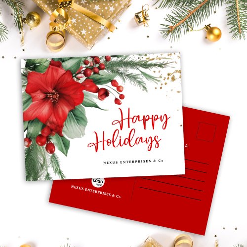 Happy Holidays Corporate Red Botanical Holiday Postcard