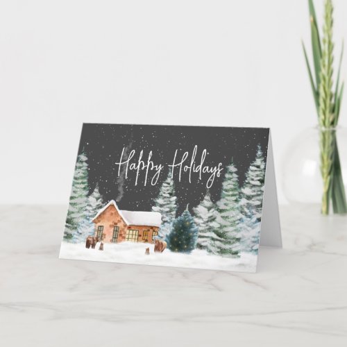 happy holidays cottage forest bears snow winter holiday card