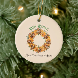 Happy Holidays Cottagecore Orange Spice Wreath Ceramic Ornament
