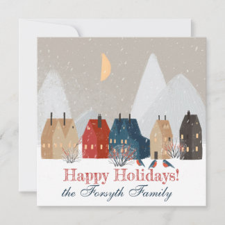Happy Holidays Country Primitive Village Winter   Holiday Card