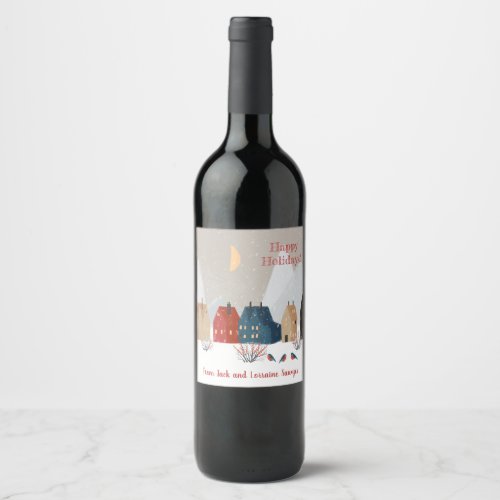 Happy Holidays Country Primitive Village Winter   Wine Label