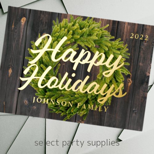 Happy Holidays Country Rustic Pine Wreath Wood Foil Holiday Card