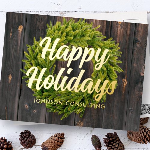 Happy Holidays Country Rustic Pine Wreath Wood Foil Holiday Postcard