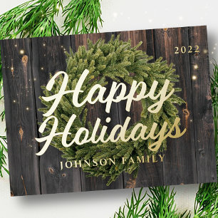 Happy Holidays Country Rustic Pine Wreath Wood Foil Holiday Postcard