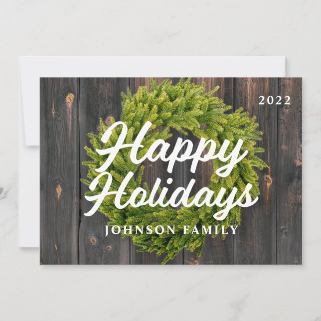 Happy Holidays Country Rustic Pine Wreath Wood Ho Holiday Card (Front)