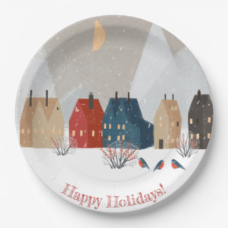 Happy Holidays Country Village Winter Scene Paper Plates