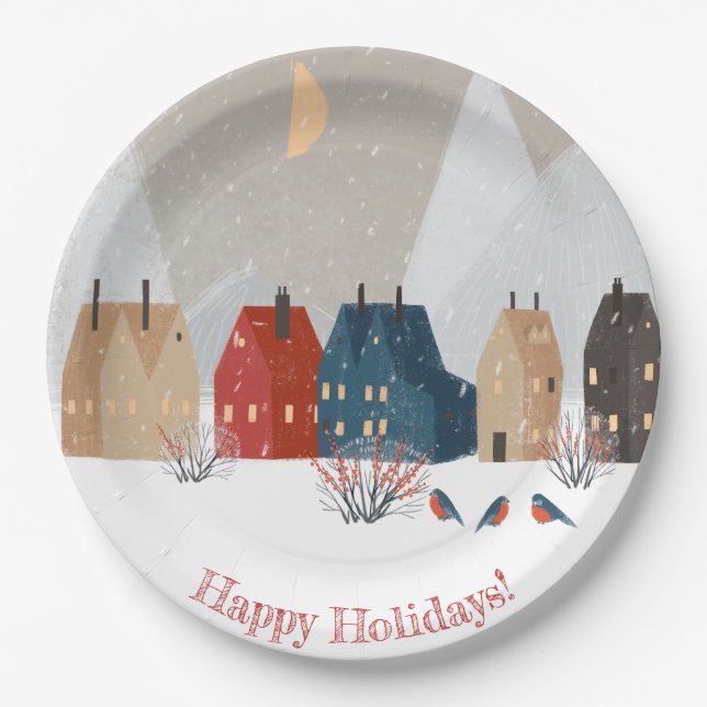 Happy Holidays Country Village Winter Scene   Paper Plates (Front)