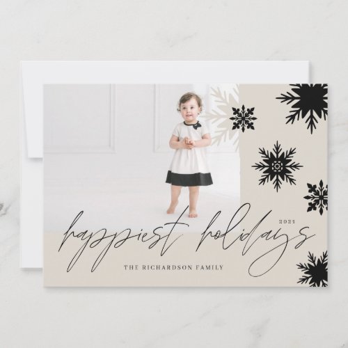 Happy Holidays Cream  Black Snowflakes Family Holiday Card