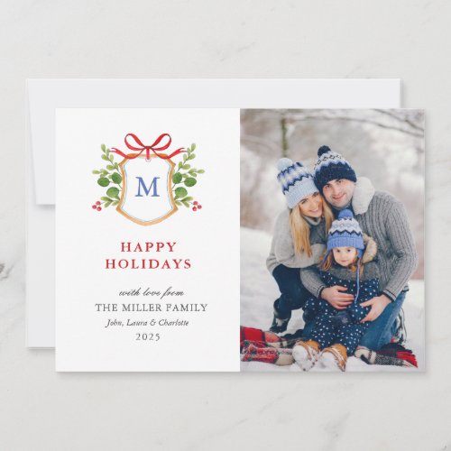 Happy Holidays crest with greenery Monogram photo Holiday Card