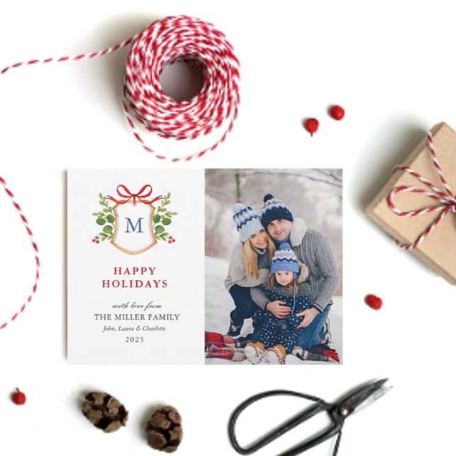 Happy Holidays crest with greenery Monogram photo Holiday Card (Creator Uploaded)
