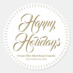 Happy Holidays custom name candy cane gift favor  Classic Round Sticker