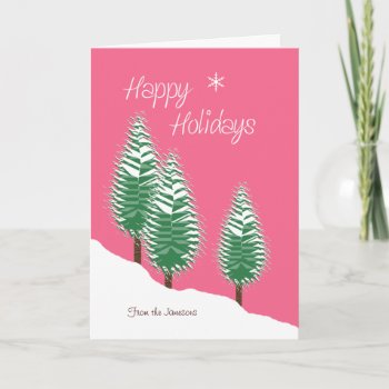 Happy Holidays Custom Name Card Trees Pink Candy by PamJArts at Zazzle