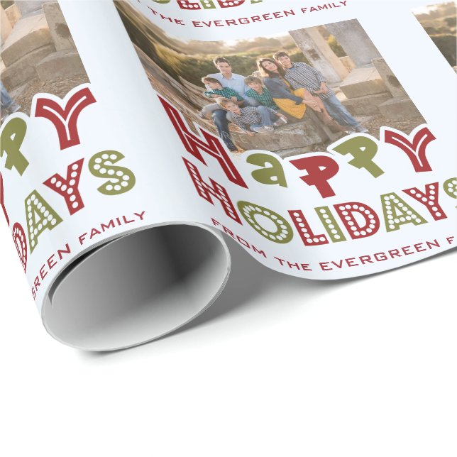 Happy Holidays custom photo & name wrapping paper (Roll Corner)