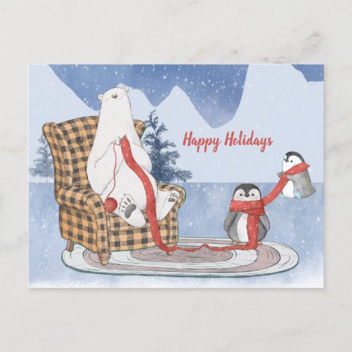 Happy Holidays Custom Text Polar Bear Penguin Knit Postcard