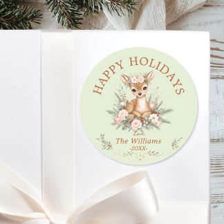 "Happy Holidays!" Custom Woodland Fawn Christmas Classic Round Sticker