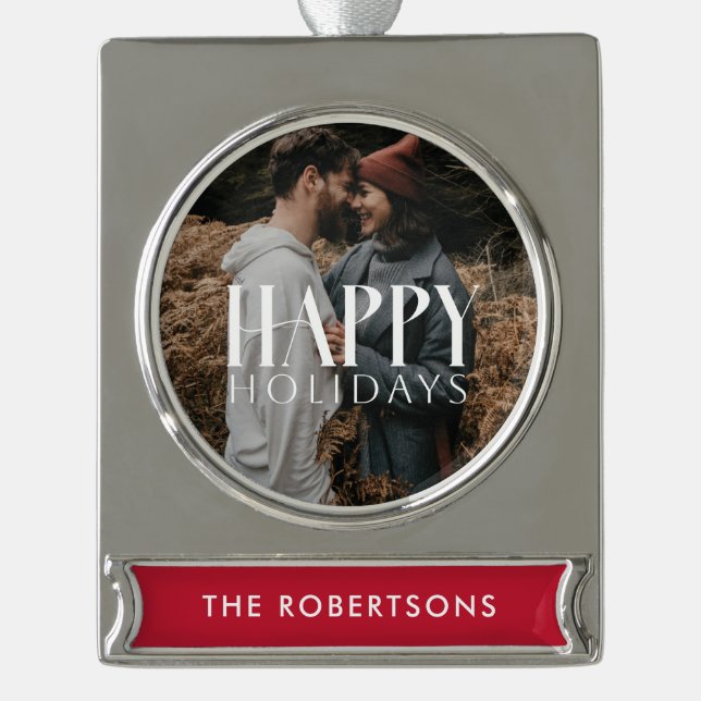 "Happy Holidays" Customizable Photo Silver Plated Banner Ornament (Front)