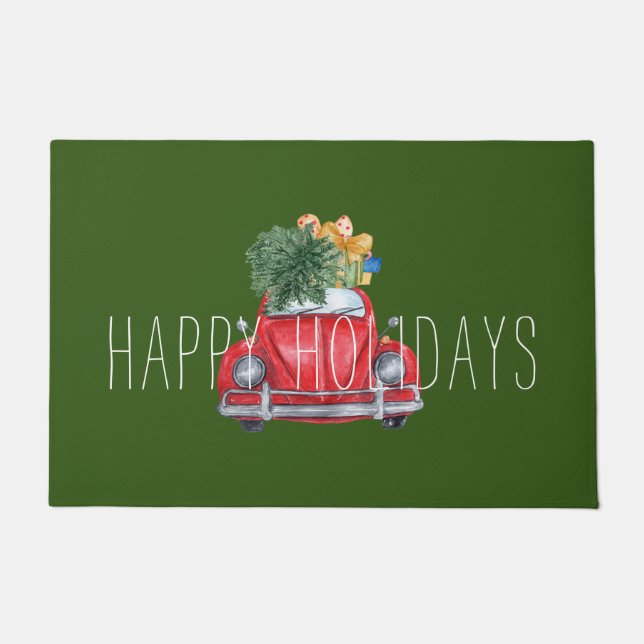 Happy Holidays Customizable Red Car Doormat (Front)