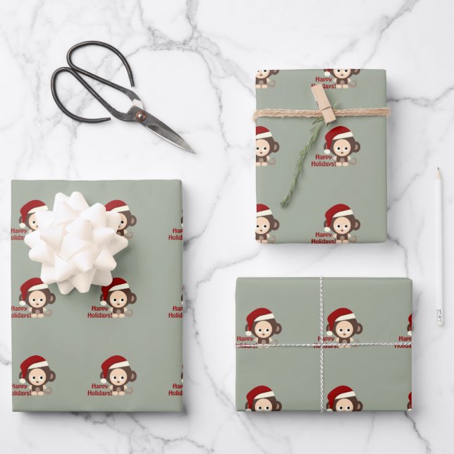 Happy Holidays!Cute Baby Monkey Wrapping Paper Sheets (Front)