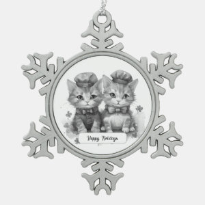 Happy Holidays Cute black and white kittens Snowflake Pewter Christmas Ornament