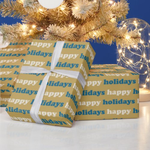 Happy Holidays  Cute Blue and Gold Text Pattern Wrapping Paper