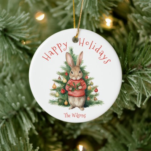 Happy Holidays _ Cute Bunny with a Christmas Tree Ceramic Ornament
